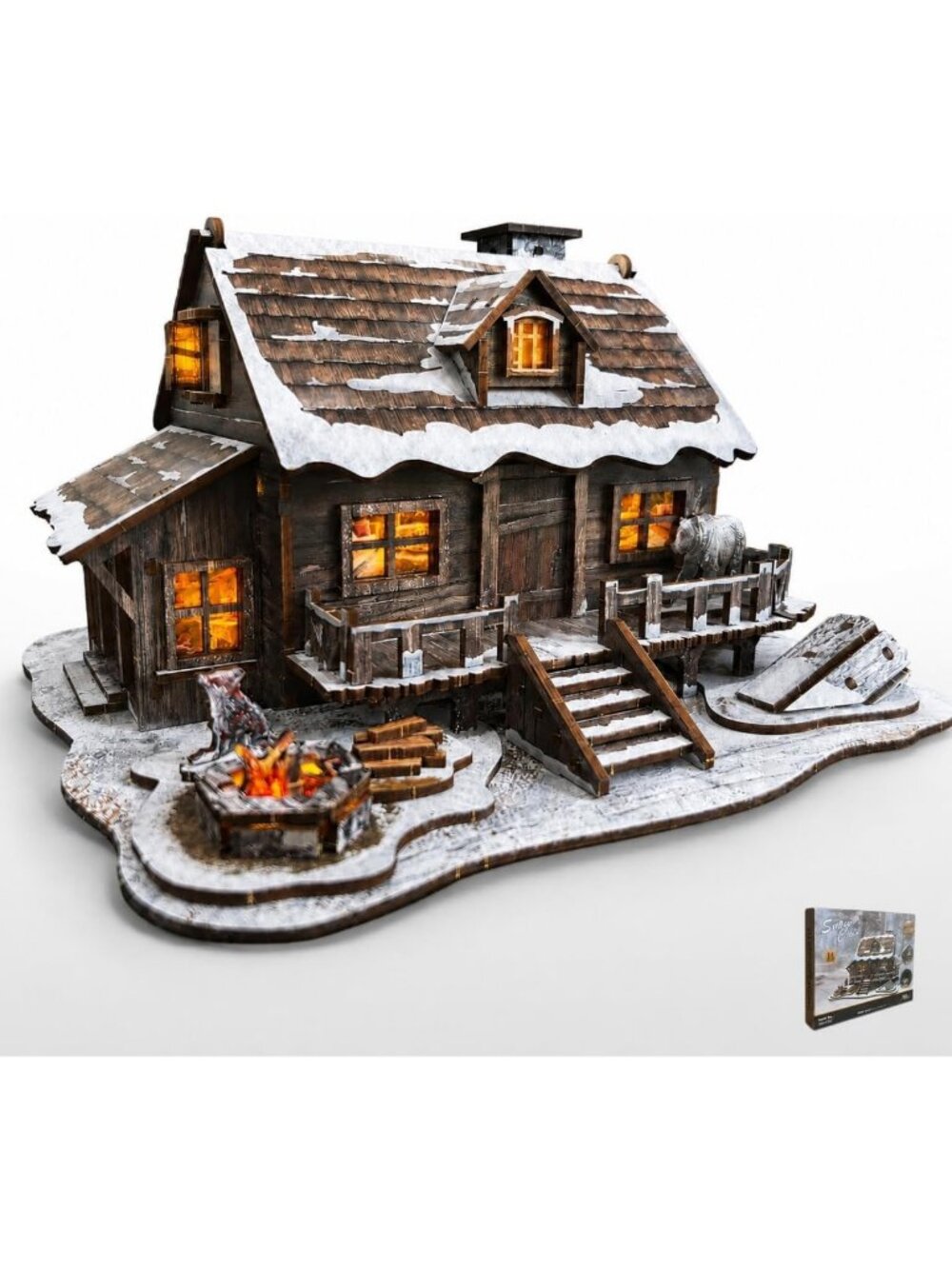 LED 3D Wooden Puzzle Winter Cabin Kit - DIY Miniature Decor Gift for Adults